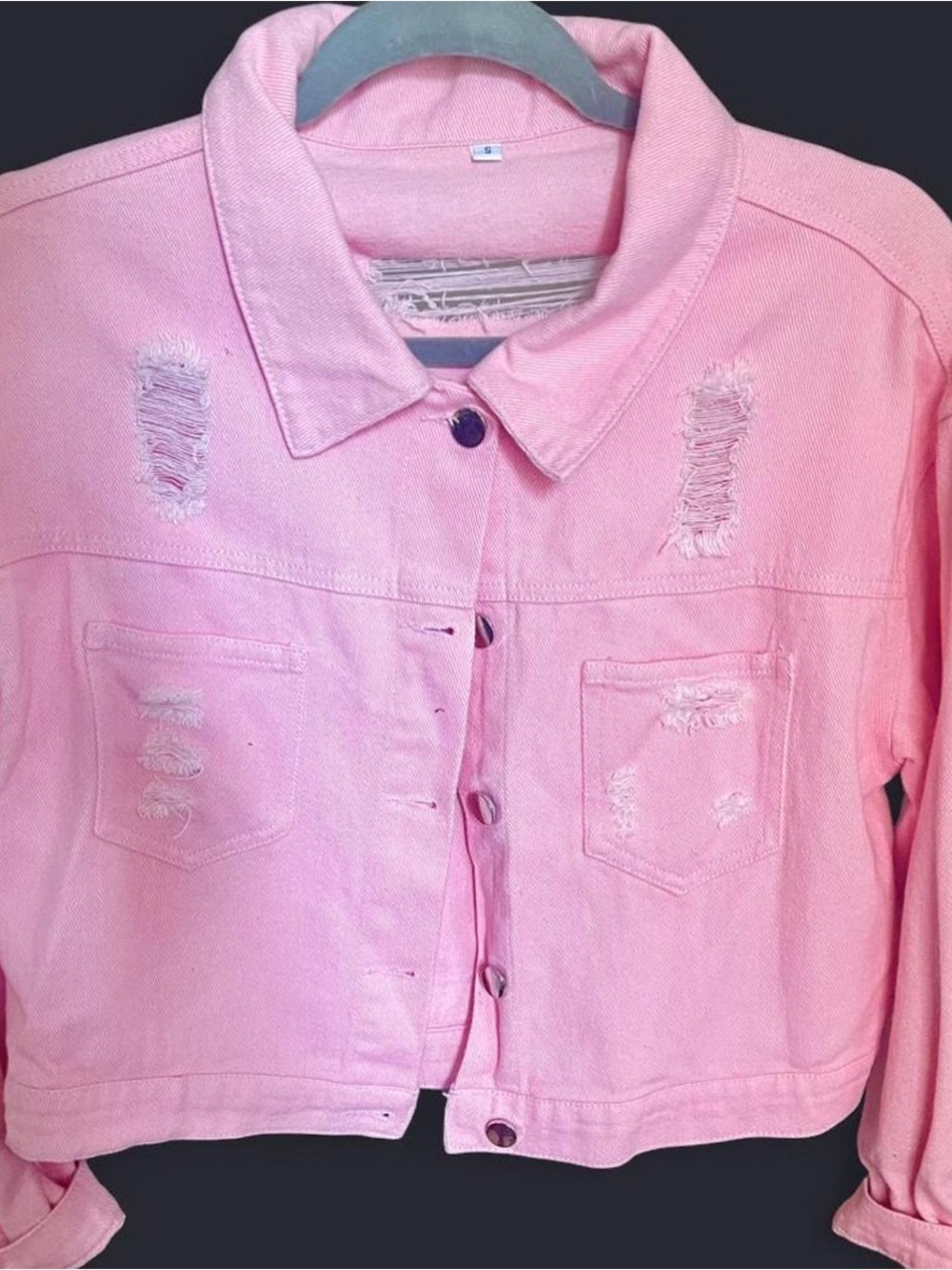 Pink Rhinestone Fringe Distressed Denim Jacket - Picture 2 of 2